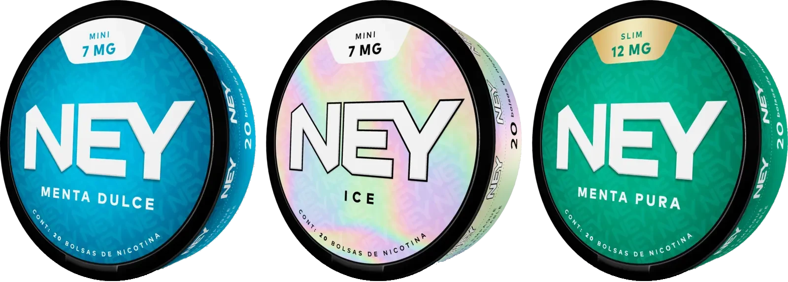 Tres latas negras NEY: MENTA azul, POLAR holográfica y MENTA INTENSA verde.