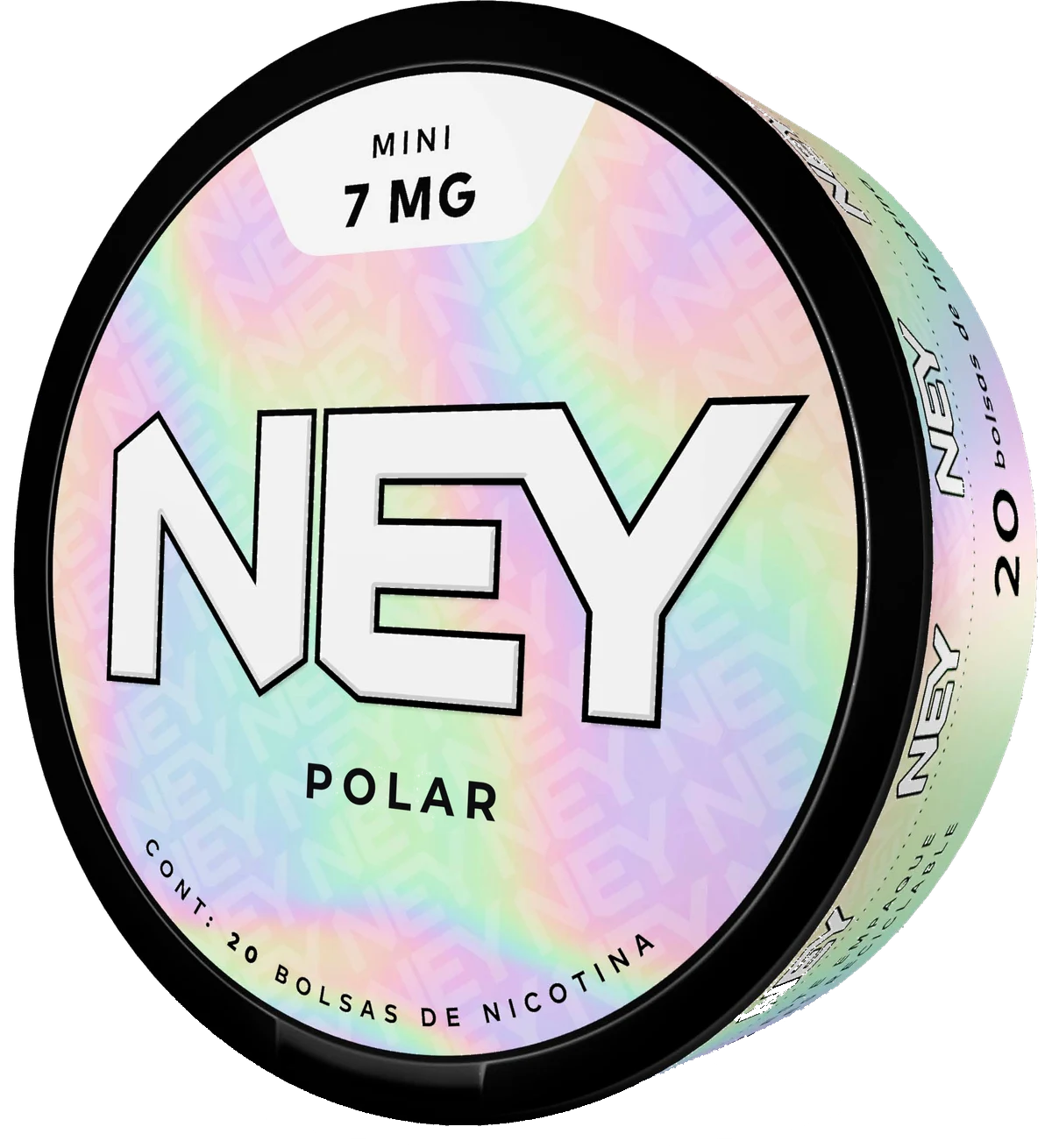 Lata negra NEY POLAR con acabado holográfico, formato Mini, 7 mg.