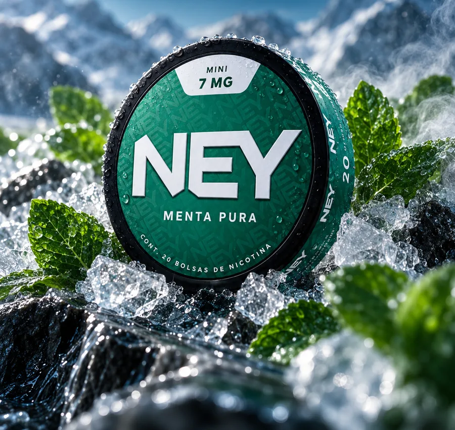 Lata NEY MENTA INTENSA con hojas de menta y hielo.